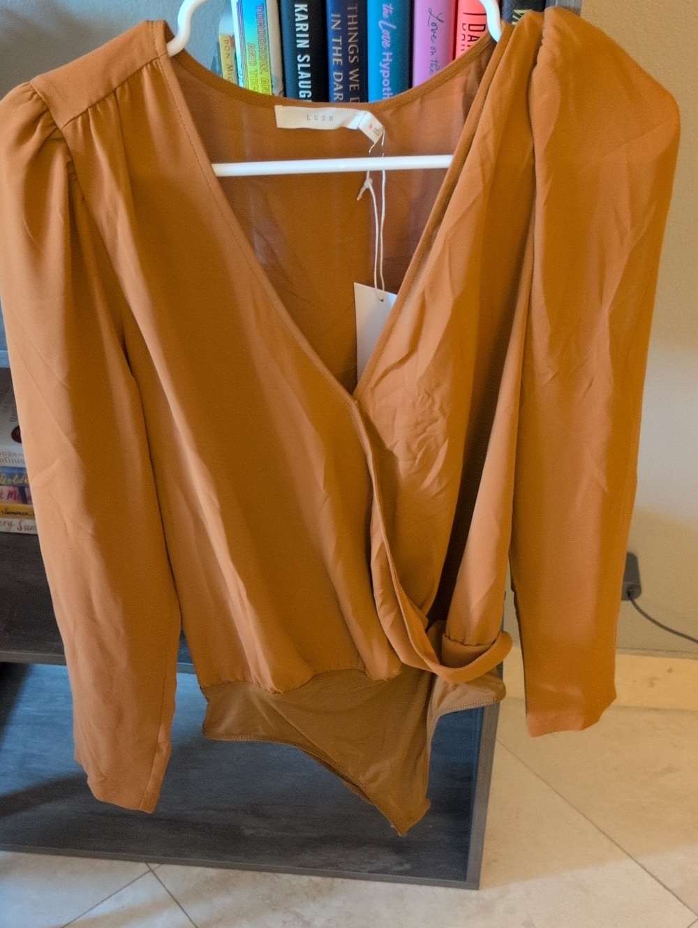 Lush Rust Orange Wrap-Front Long Sleeve Bodysuit